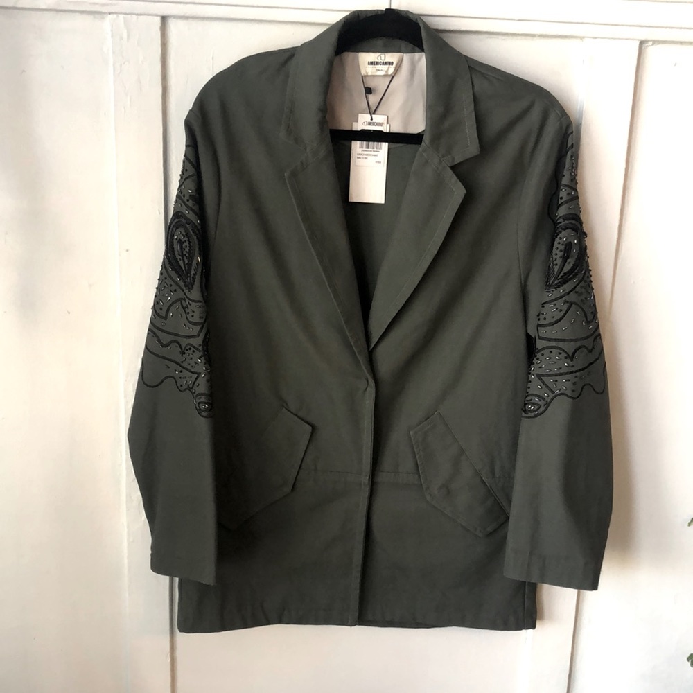 NWT Americanino Army Green Jacket with Geometric Beaded Sleeves Size S
